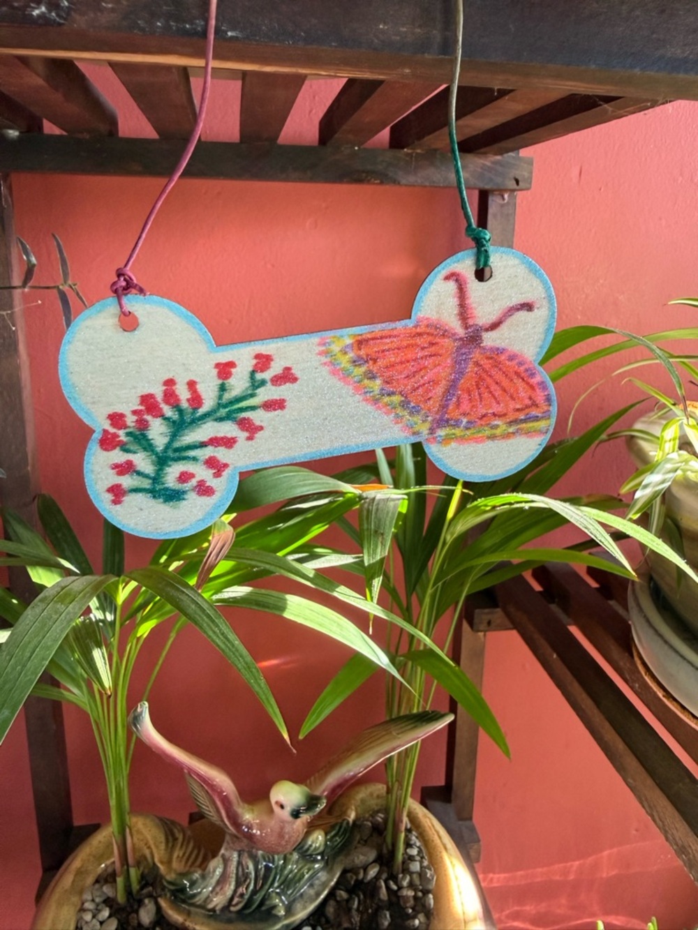 Hand Crafted Pink and Turquoise Butterfly & Floral Bone Wall Hanging